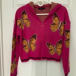 Cropped, Hooded, Zip Front Cardigan with Butterflies